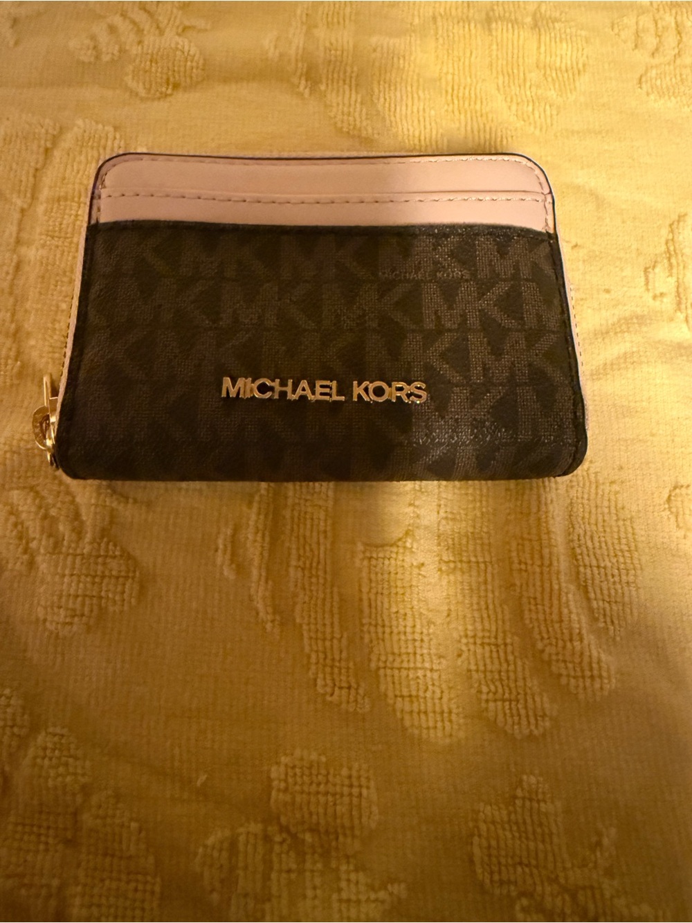 Michael Kors Brown Monogram Card Case with Pale Pink Trim